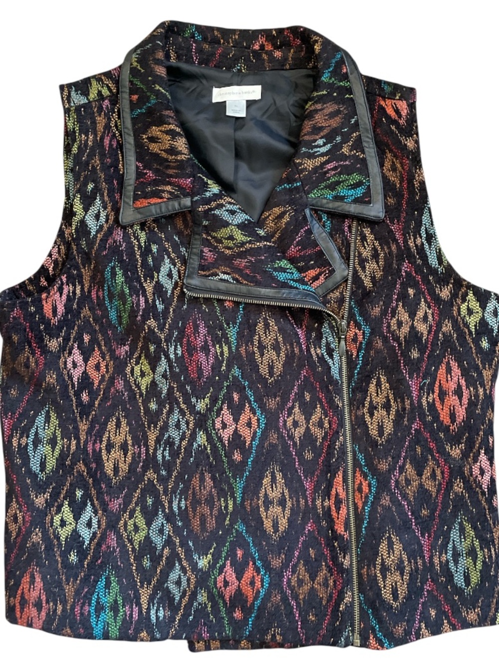 Christopher & Banks tapestry zip up faux leather trimmed vest size XL Aztec
